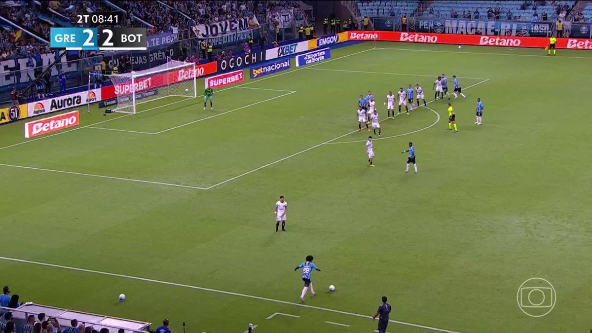 Após cruzamento na área, o árbitro marcou pênalti para o Grêmio em um toque no braço de Alex Telles. #Futebol #Brasileirão #Grêmio #Botafogo