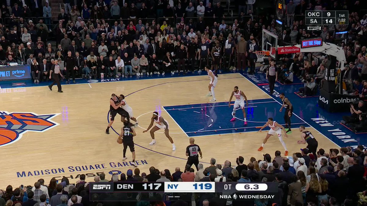 MIKAL BRIDGES LOOSE BALL FOUL AT THE END OF OT. Nuggets received two free throws and tied it up with .3 left on the clock. Double OT on ESPN 🔥