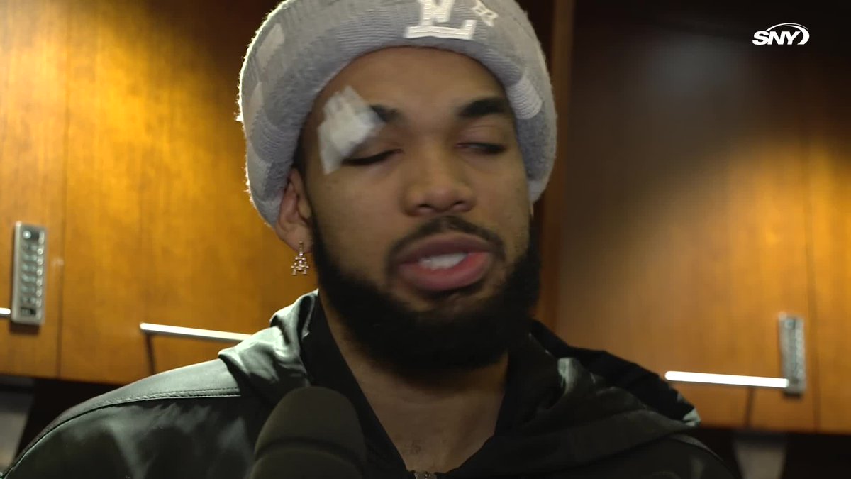 Mitchell Robinson was asked about Karl-Anthony Towns taking free throws with a bloody eye KAT: "Man he didn't care, you see him do that crossover into the dunk? That was nasty" 😂 Mitch:" That's a battle scar. Fighting for your life out there"