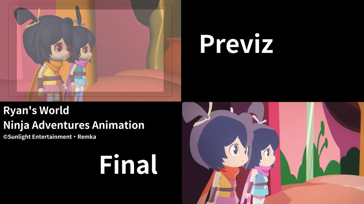 【Onakama Work｜Blenderプリビズ】 4,000万人超のキッズYouTuber『Ryan's World』のアニメシリーズ現場で、Blenderでプリビズ〜アニメーションまで一気通貫で制作をしていました。 ・前半：プリビズを作画ガイドとして活用 ・後半：3Dで動きを、表情は作画の2D×3D MIX りょーちも（りょーちも Θ_Θ@）さん中心にBlenderのパイプライン/ワークフローを整備。 リールでは一部だけですが、 モーションキャプチャの機材も新しく導入して、プリビズで使える形で進めてます。 #blender #b3d #previz #previs