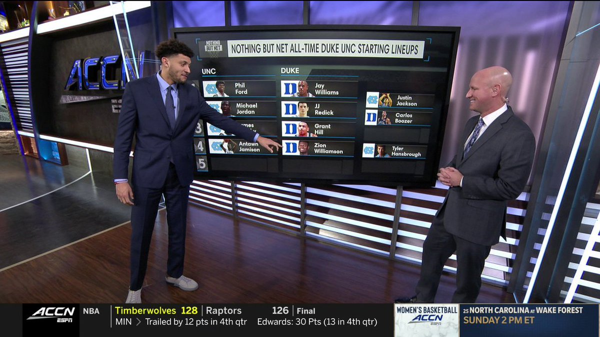🐏 Phil Ford 🐏 Michael Jordan 🐏 James Worthy 🐏 Antawn Jamison 🐏 Tyler Hansbrough 😈 Jay Williams 😈 JJ Redick 😈 Grant Hill 😈 Zion Williamson 😈 Christian Laettner Terrence Oglesby and Justin Jackson name their UNC and Duke all-time starting 5s 👀
