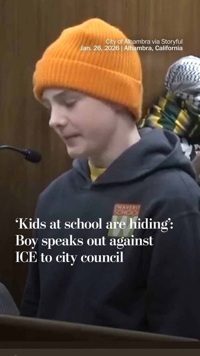 A boy named Liam spoke out against Immigration and Customs Enforcement at a city council meeting in Alhambra, California, on Jan. 26, telling city council members about the fear ICE has caused his friends at school. "Seeing the looks on their faces when anybody says anything about ICE is terrifying,” he said at the meeting.