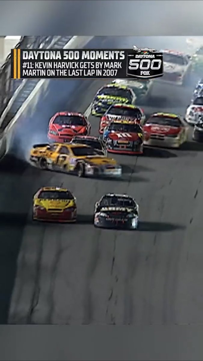 Memorable Moments of the Daytona 500 (according to Bob Pockrass). #11: "In one of the more wild finishes, Kevin Harvick wins just ahead of Mark Martin, with Clint Bowyer sliding upside-down across the finish line in 2007."