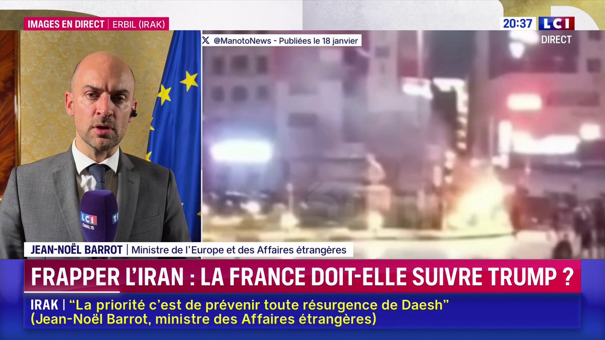 Sur une potentielle intervention militaire américaine en Iran : "Nous avons condamné les violences d'État (...) Aucun de ces crimes ne peut rester impuni (...) On ne provoque pas depuis l'extérieur et par la force militaire des changements de régime", Jean-Noël Barrot ▶️ Darius Rochebin