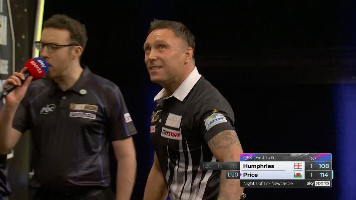 114 checkout - the Gerwyn Price way 🤣 The Iceman checks out 114 after dropping his third dart, and leads Luke Humphries 2-1! 📺 #PLDarts | QF3