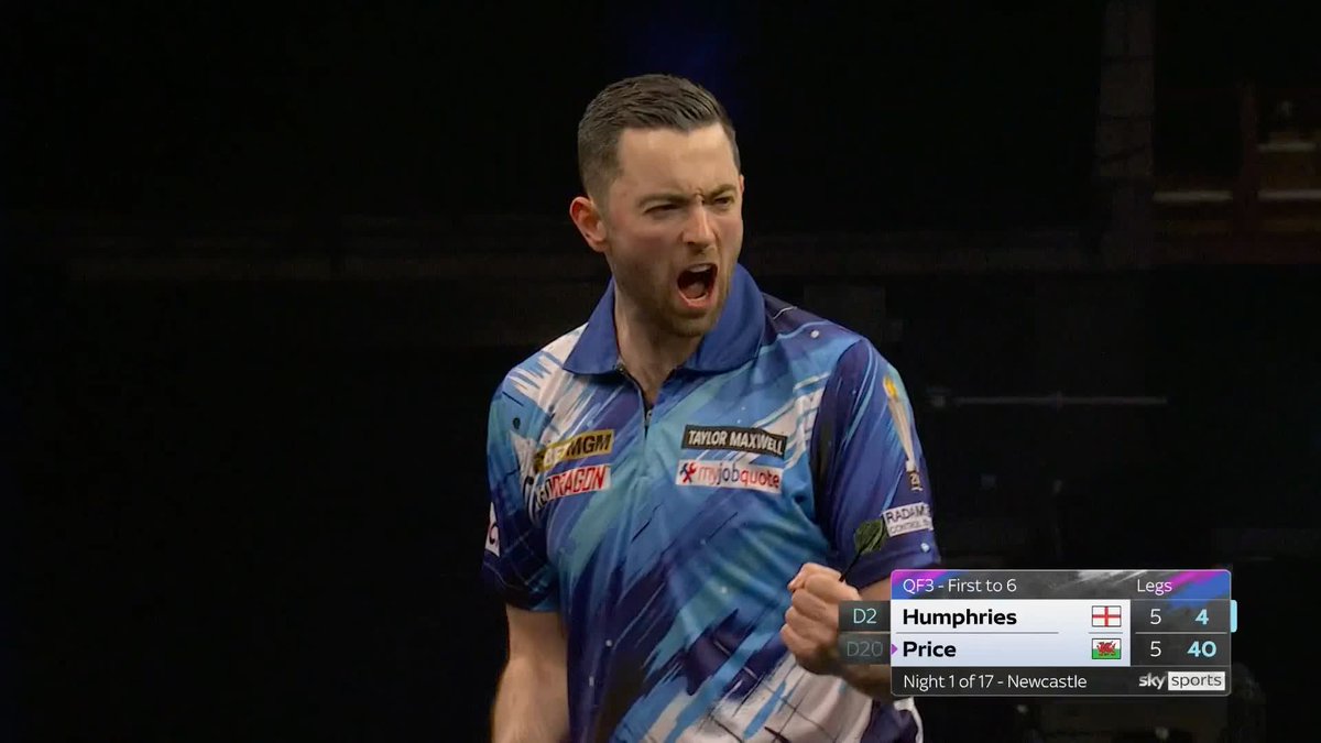 HUMPHRIES EDGES PAST PRICE! Darting drama at its finest 🔥 Luke Humphries takes the only break of throw in the match to pip Gerwyn Price 6-5, after the Welshman missed two match darts! 📺 #PLDarts | QF3