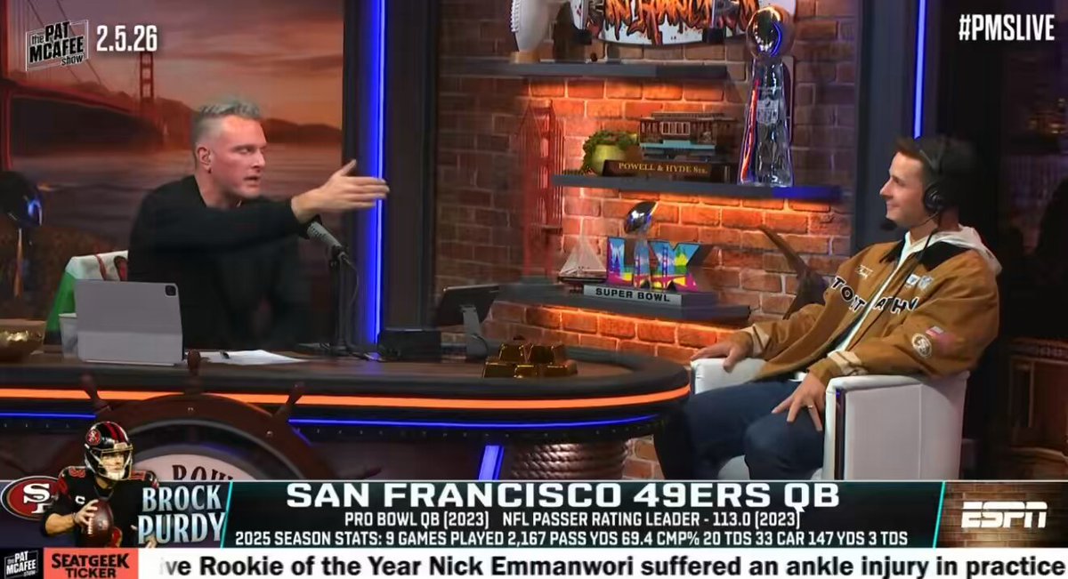 Brock Purdy on what Kyle Shanahan says to him at times on the headset during games: “You had the look, Brock! What are you doing?!?!” Brock on Kyle calling in plays to him: “He tells me the plays and then lets me go. There’s some things he’ll tell me beforehand like 'Remind JJ on this to cut down his split and to look hot'. He’s done a good job with when I walk up to the line of not being in my ear and letting me play clear. He’s done a really good job of that and then obviously at 15 seconds the headset cuts out.” Brock on Kyle’s thoughts of him doing the Dougie: “Reminds me how bad of a dancer I am… Kyle will say in team meetings 'Yeah, Brock’s doing whatever that cringe things is'. I’m like what are you talking about, Bro? I hit it pretty good.” via: Pat McAfee
