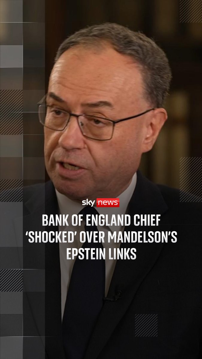 Bank of England governor Andrew Bailey tells Sky's Paul Kelso he is 'shocked' about Peter Mandelson allegedly sharing market-sensitive information with Jeffrey Epstein. Mandelson has since quit the House of Lords and resigned from the Labour Party. 🔗