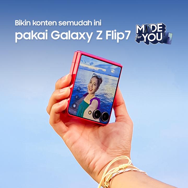 Bikin konten like a pro? Bisa dong kalau kamu punya #GalaxyZFlip7 yang pastinya Made For You😉 Infinity Cover Screen yang lebih lebar & ukurannya yang compact, cocok buat kamu yang suka buat bikin konten, dimanapun & kapanpun. Jadi, kapan nih kamu mau punya?😍 #FoldablesMadeForYou #GalaxyAI