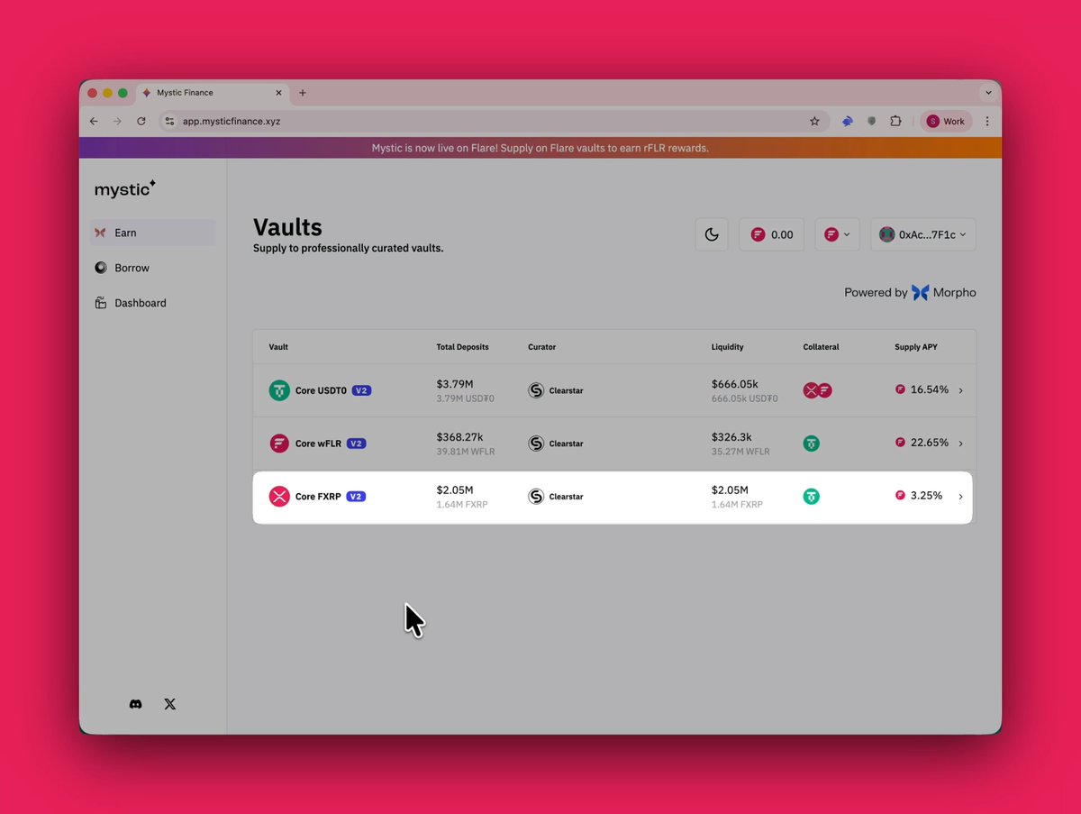 A practical use case: Hold FXRP. Post it as collateral. You can then borrow stables for liquidity, without selling your exposure. Now possible via Morpho 🦋 markets surfaced on Mystic Finance