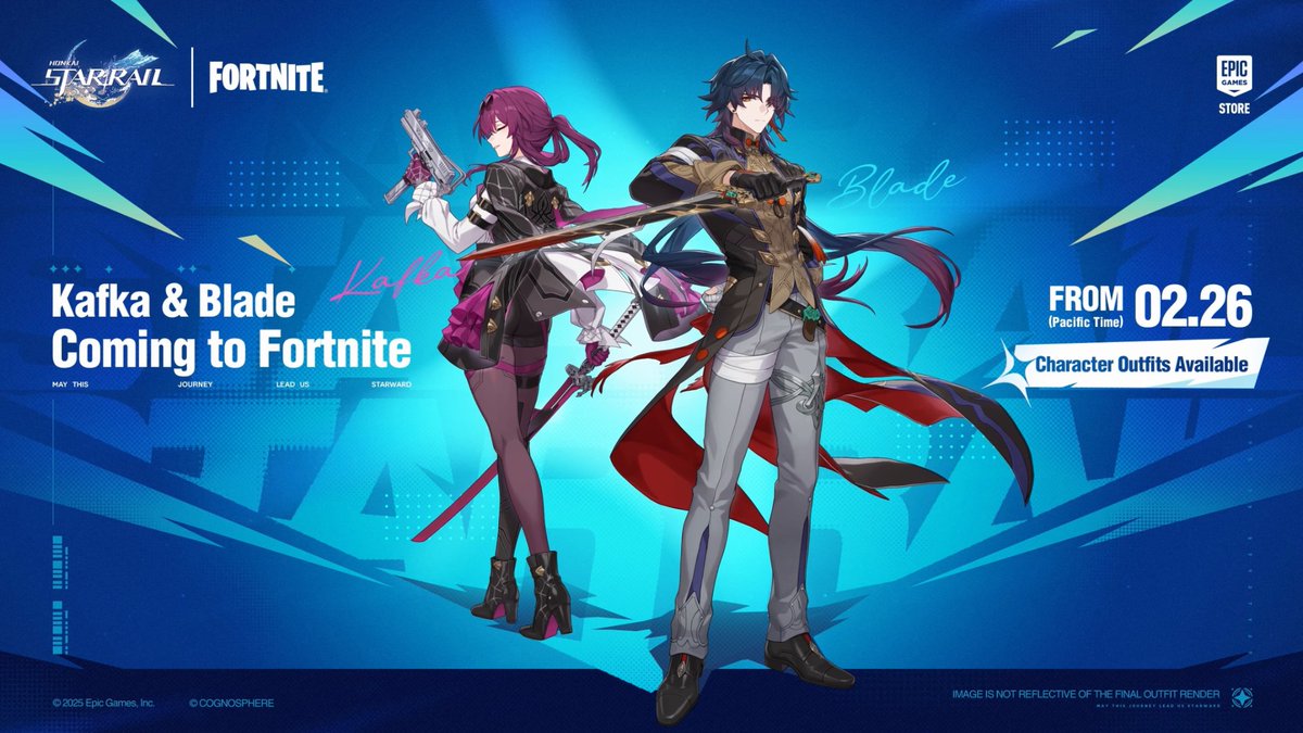 Honkai: Star Rail x Fortnite collab is almost here. 📅 Feb 26 4:00 PM (PT) All aboard the Battle Bus! Stellaron Hunters Kafka and Blade are dropping into Fortnite for a limited time. BONUS OFFER: Join the Honkai: Star Rail top up event in Epic Games Store. Eligible players will receive the “Blade” outfit in Fortnite as a bonus. More details will be shared soon.