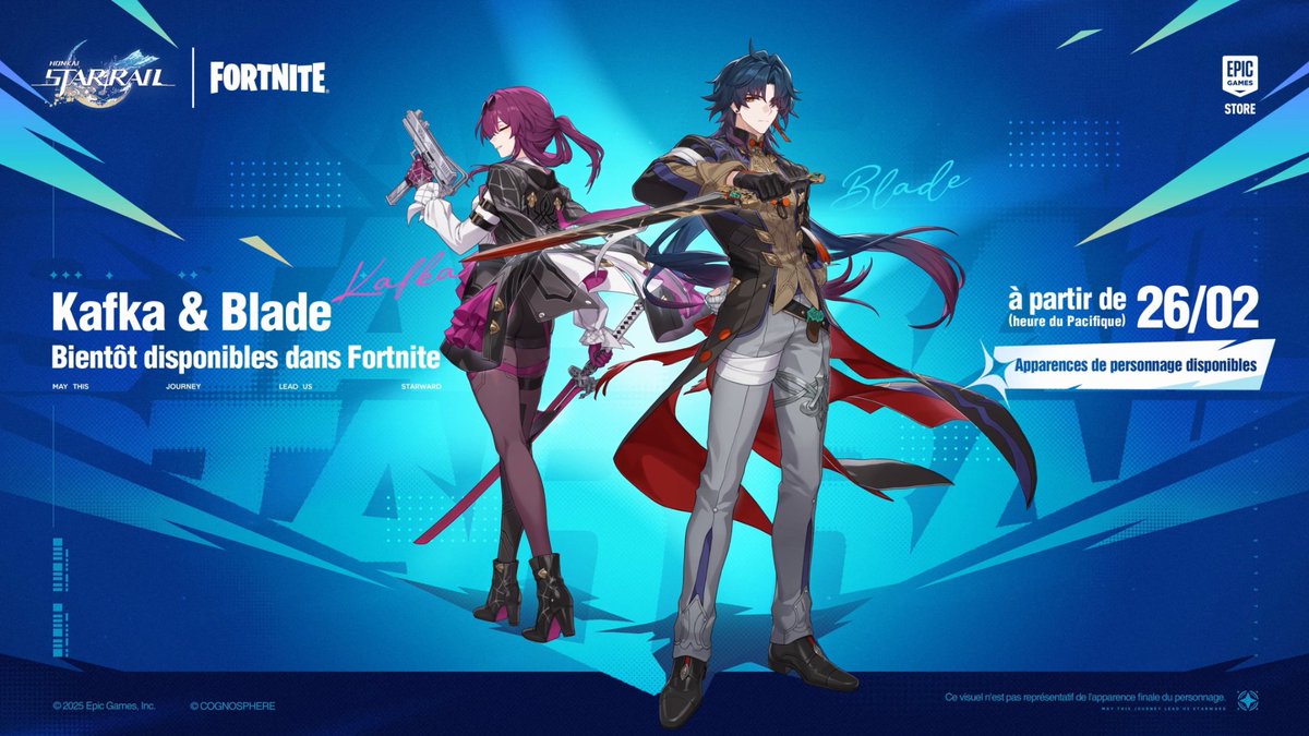 La collaboration entre Honkai : Star Rail et Fortnite va bientôt commencer ! 📅 À partir du 27 février 2026 à 8 h 00 (UTC+8) , montez à bord du bus de combat ! Les Chasseurs de Stellaron Kafka et Blade débarquent dans Fortnite pour une durée limitée. Récompense exclusive : participez à l'événement de recharge de Honkai : Star Rail sur l'Epic Games Store. Les joueurs éligibles recevront l'apparence exclusive de Blade dans Fortnite. De plus amples détails sur cet événement seront dévoilés prochainement, gardez l'œil ouvert !