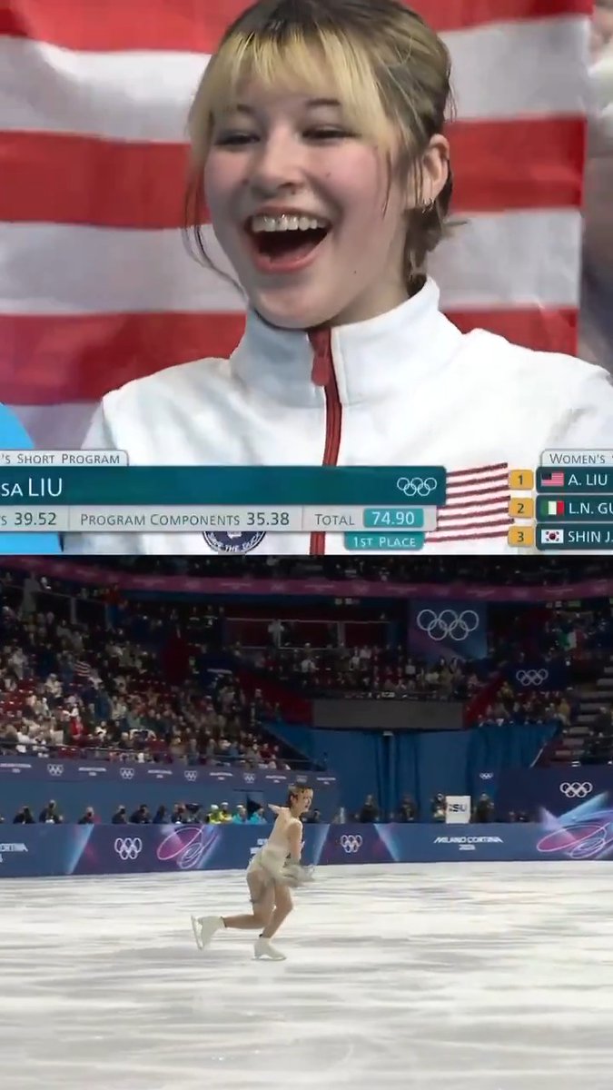 All smiles from Alysa Liu with her score of 74.90 in the women's short program to finish second for Team USA!