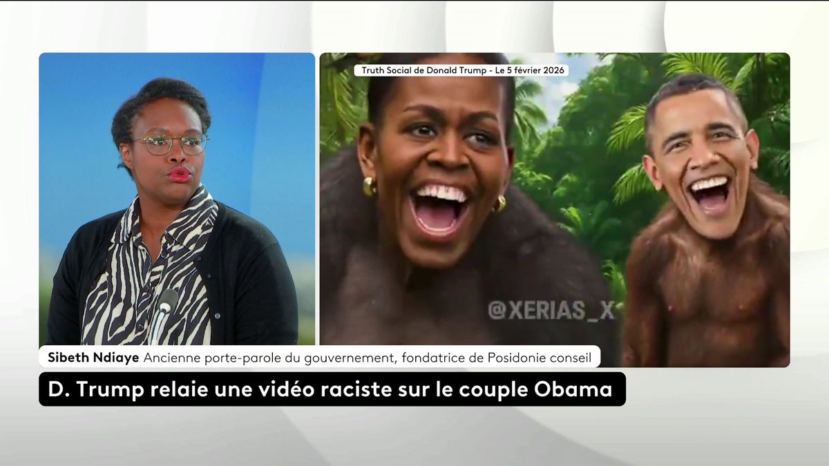 🔴 Racisme : "Au fond, les personnes dont la peau est noire ne sont pas tout à fait des êtres humains", dénonce Sibeth Ndiaye en réaction à un tweet de Donald Trump représentant le couple Obama sous les traits de singes. #ToutEstPolitique #canal16