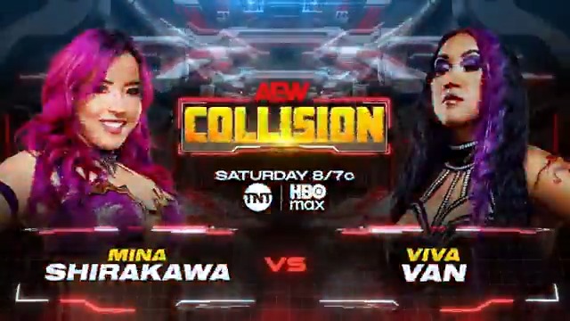 Saturday Night #AEWCollision 8/7c, TNT + HBO Max Tomorrow, 2/7! Mina Shirakawa♡白川未奈 vs VIVA VAN ❤️‍🔥ビバ・バン Mina Shirakawa COLLIDES with Viva Van in singles action when Collision emanates from Las Vegas, TOMORROW!