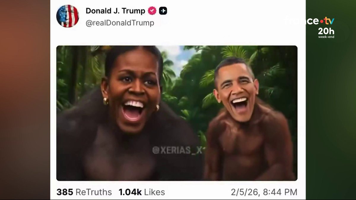 Donald Trump a publié sur son réseau social une vidéo dans laquelle le couple Obama est représenté en singes. Elle a depuis été retirée. #JT20H