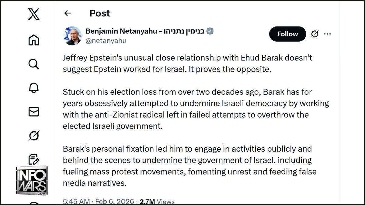 BREAKING: Netanyahu Claims Epstein’s “Unusual Close Relationship” With Ex-Israeli PM Ehud Barak Proves Deceased Pedo DID NOT Work For Mossad Alex Jones Breaks Down The Israeli Infighting Taking Place Behind The Scenes