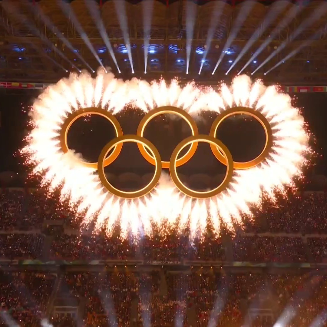 What a moment! 💫 The Olympic rings spectacularly light up the iconic San Siro 💥