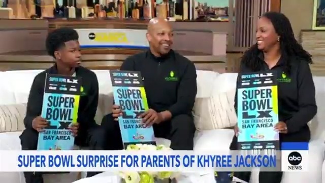 They are off to the Super Bowl! On behalf of their work with the Khyree Jackson Foundation, Khyree's parents and brother were surprised on Good Morning America with tickets to the Super Bowl!