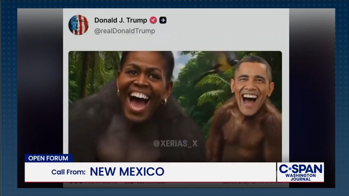 Republican Washington Journal caller from New Mexico: "I voted for the president, supported him, but I really want to apologize. I'm looking at this awful picture of the Obamas. What an embarrassment to our country."