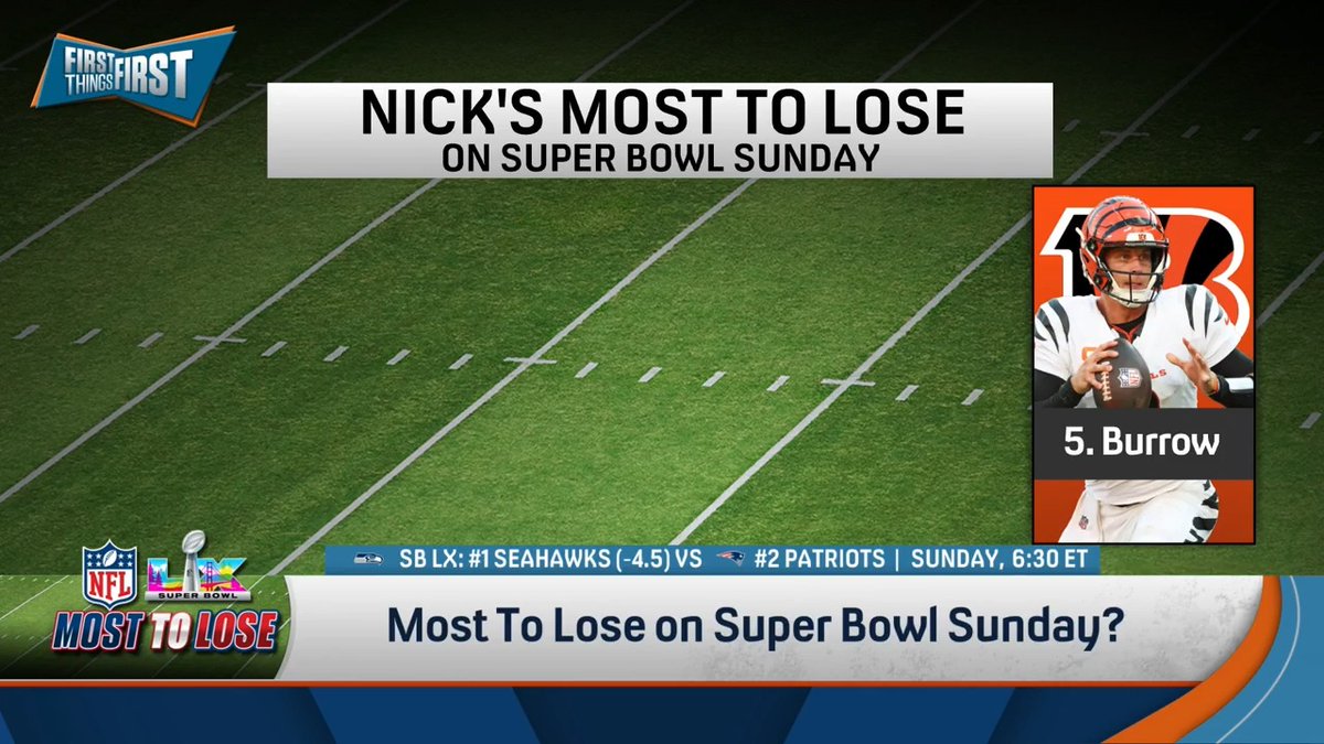 Who has the most to lose on Super Bowl Sunday? nick wright answers: “#5 and this one makes me sad, I like this guy. Joe Burrow. If Drake Maye wins the Super Bowl, Joe Burrow’s just not gonna be in your Top 5s anymore.”