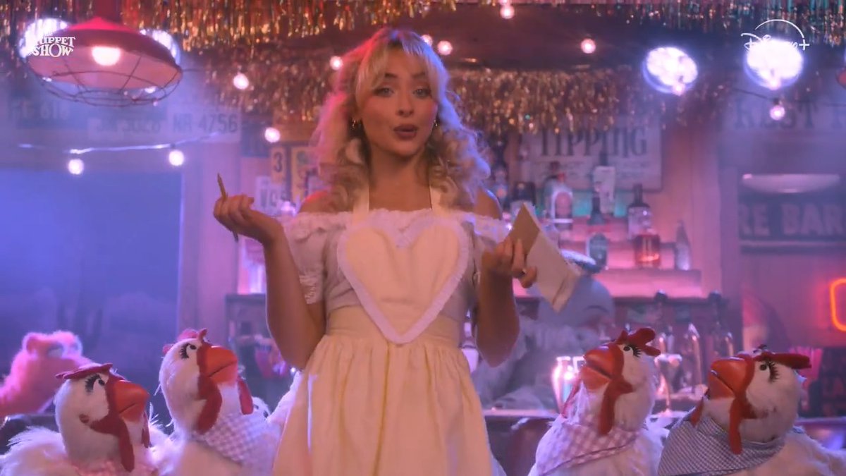 Sabrina Carpenter performs "Manchild" with chickens. You're welcome. Stream The Muppet Show on Disney+.