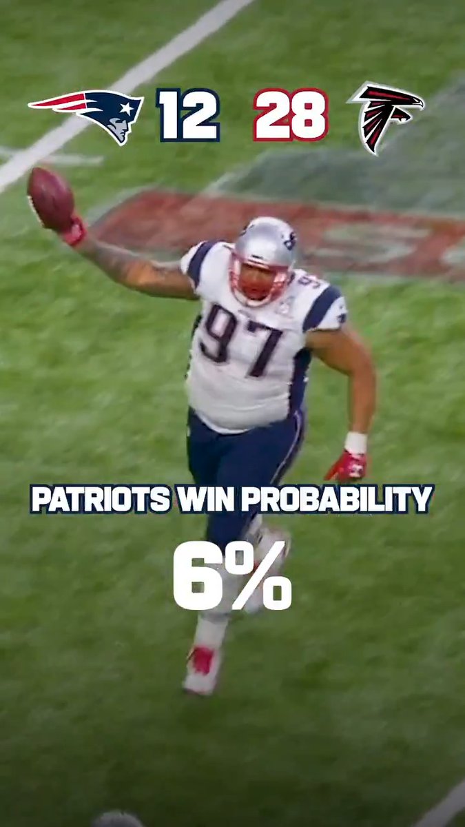 From a 1% win probability to 100%. That's what happens when you come back from a 28-3 deficit. New England Patriots Super Bowl LX– Sunday 6:30pm ET on NBC Stream on NFL+ + Peacock