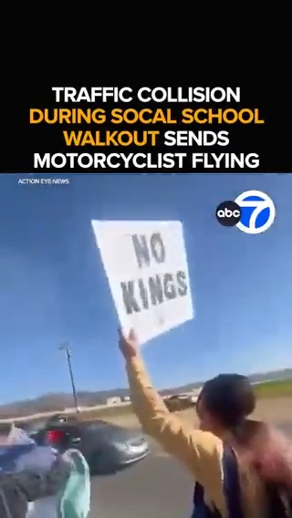 WARNING: Disturbing. A motorcyclist goes flying after being hit by a car driven by an unlicensed 15-year-old, police say. The accident happening during a student walkout in Menifee. How'd the motorcyclist walk away from the crash? Tonight at 11 from ABC7