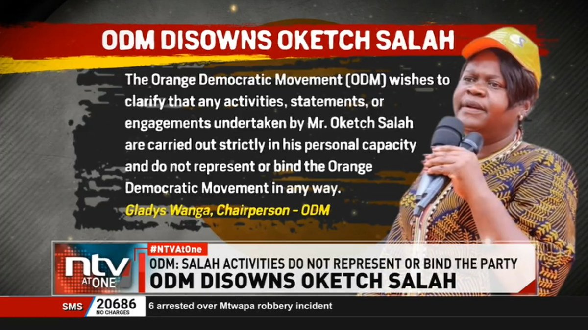 ODM Disowns Oketch Salah The Orange Democratic Movement has moved to formally distance itself from Oketch Salah, saying any activities, statements or engagements associated with him are undertaken strictly in his personal capacity. #NTVAtOne David Muthoka Wangechi Muriuki