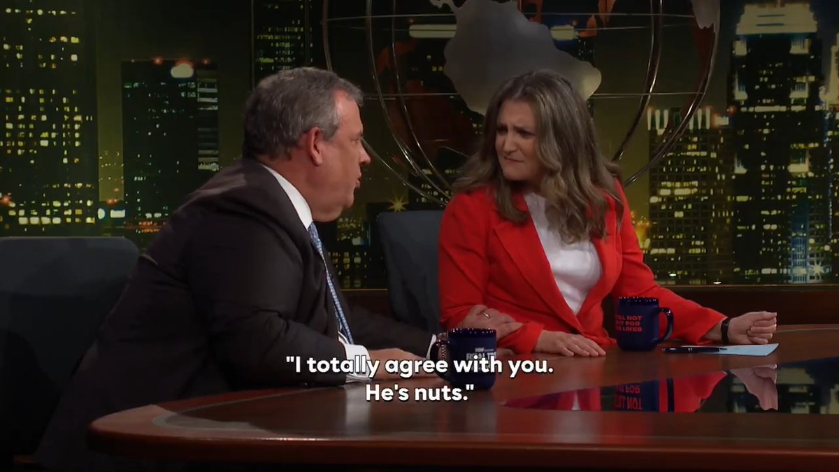 "Well knock me over with a feathered boa." Chris Christie spills the tea on what Republicans say to each other when we're not listening on this week's #RTOvertime with @BillMaher and Chrystia Freeland. WATCH MORE: