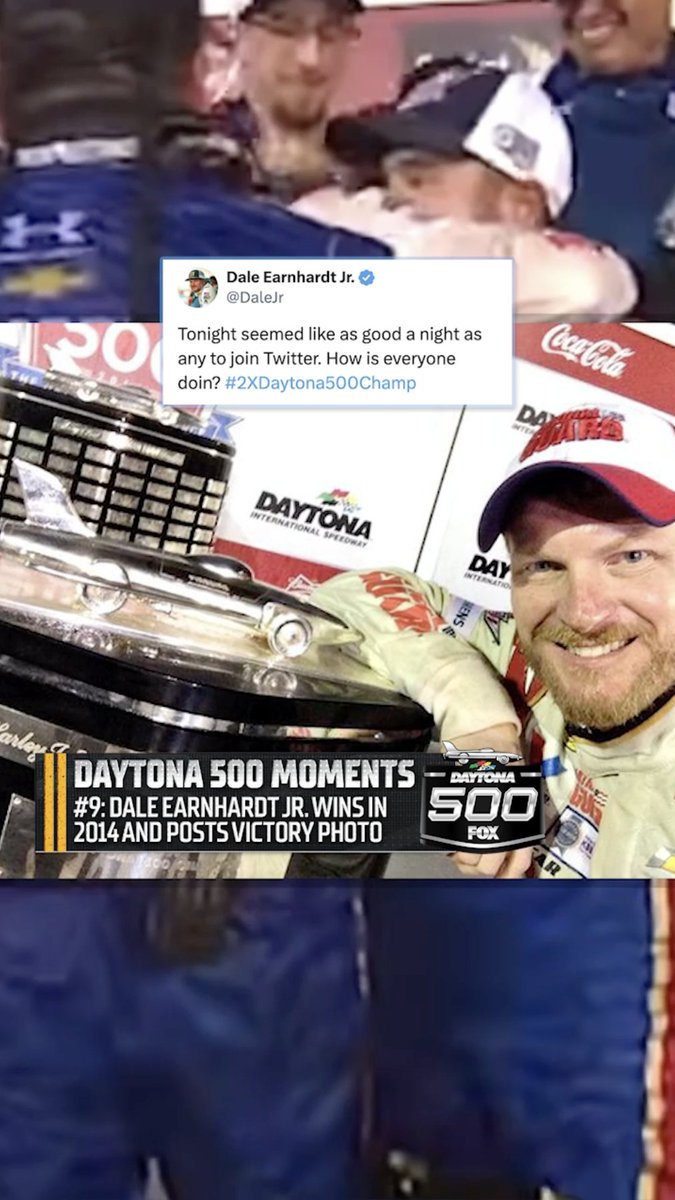 Memorable Moments of the Daytona 500 (according to Bob Pockrass). #9: "Dale Earnhardt Jr. earned his second Daytona 500 victory in 2014, 10 years after his first. He snapped a 55-race winless streak. And then he made his first Twitter post. NASCAR social was never the same."