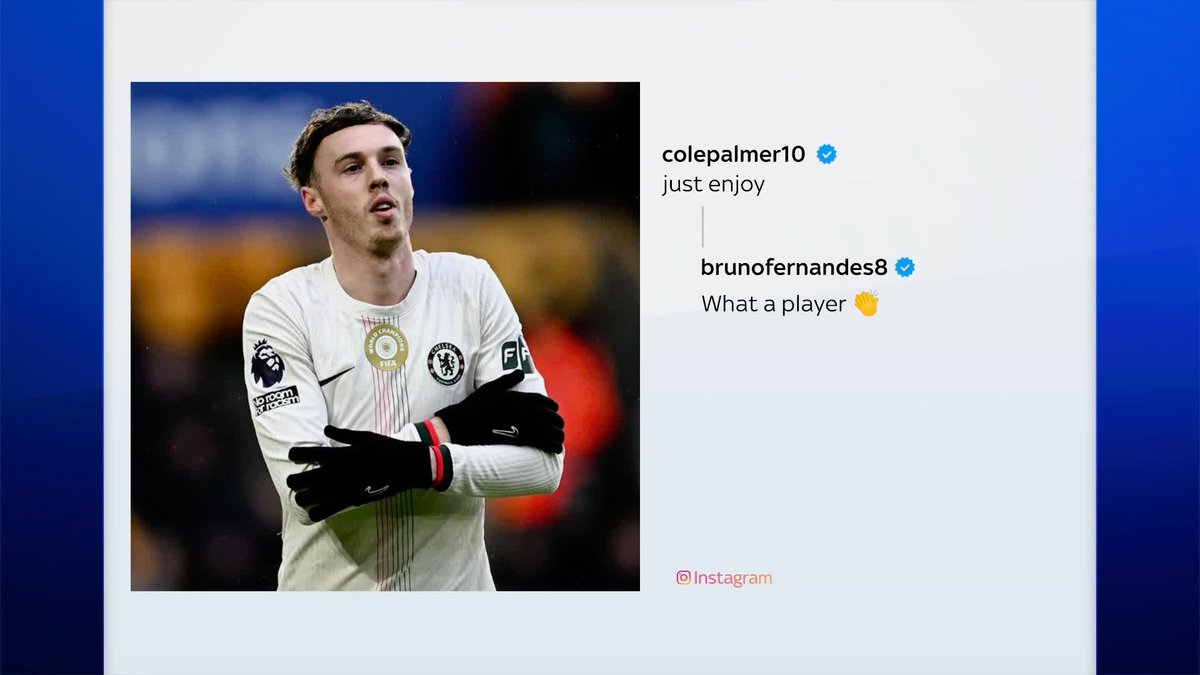 Bruno Fernandes reacting to Cole Palmer's first-half hat-rick at Wolves today... 🤝