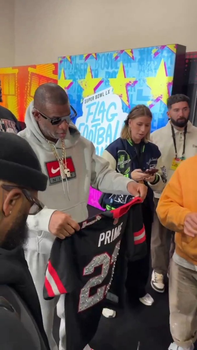 .COACH PRIME gets a look at his jersey 🔥 SB LX Flag Football Game — 10pm ET on NFL @youtube: