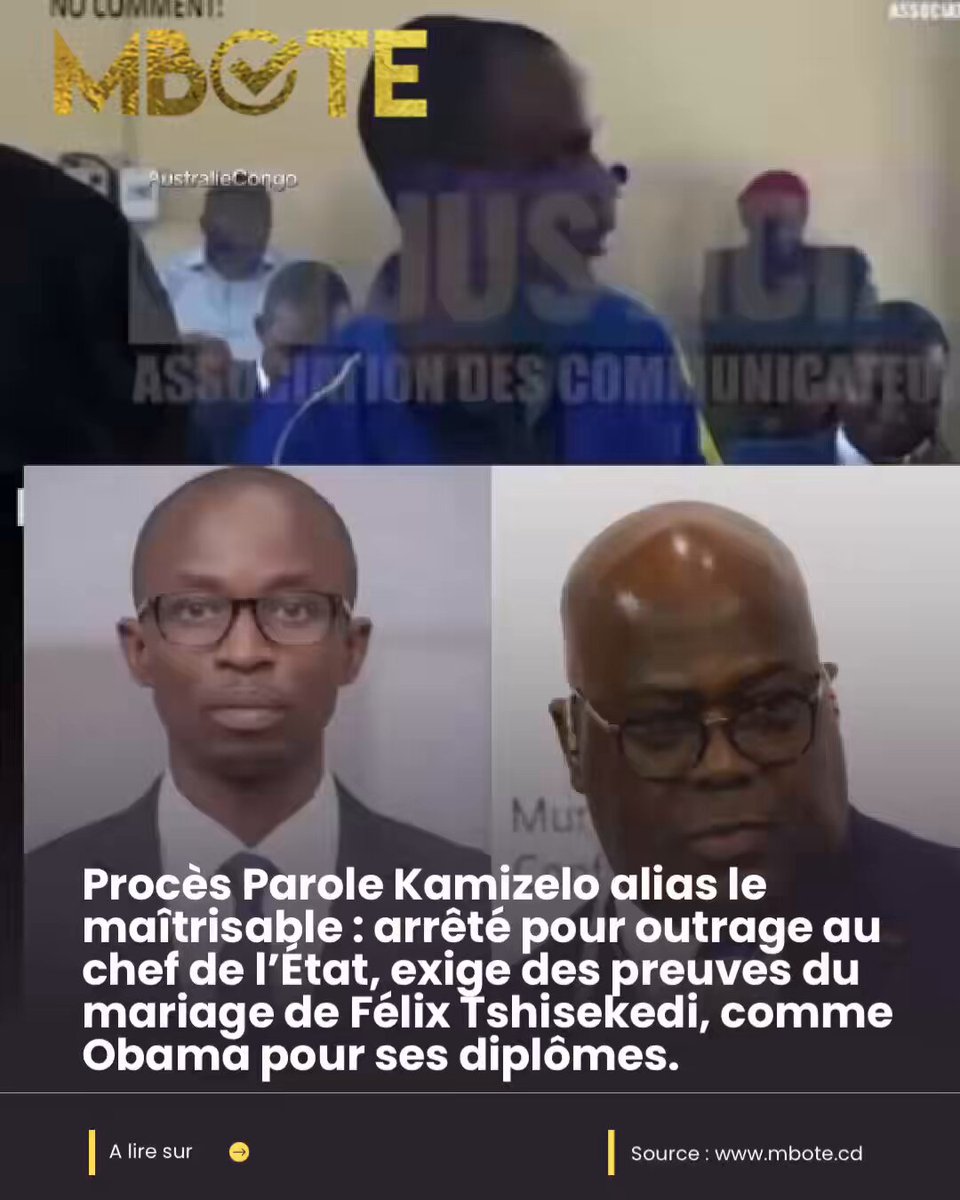 #RDC #Kinshasa : Arrêté pour outrage au chef de l’État, Kamizelo, alias Maitrisable, défend sa cause devant les juges. À propos du mariage du président Félix Tshisekedi, il affirme ne pas avoir vu d'images ou de preuves. Selon Kamizelo, tout comme Barack Obama a présenté ses diplômes lorsqu'on l'a traité d'illettré, le président devrait également fournir des preuves de son mariage avec Maman Denise Nyakeru. #Follow the #Mbote 🔥 channel on #WhatsApp :