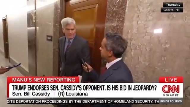 NEW: Does Louisiana Sen. Bill Cassidy regret his vote to convict President Trump during his impeachment trial in 2021? Manu Raju asks the Senator after President Trump endorsed Cassidy's primary challenger, Rep. Julia Letlow in the race. #InsidePolitics