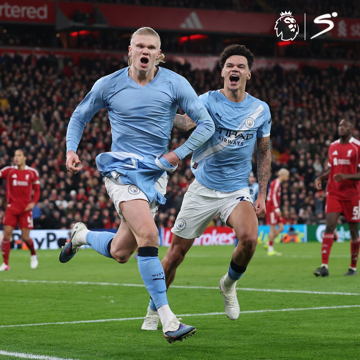 Erling Haaland scores his first league goal at Anfield 💥 He has scored in 23 of the 24 Premier League stadiums he's played at.