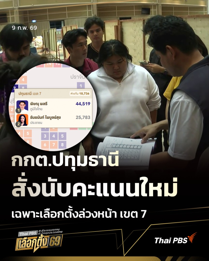 กกต.ปทุมธานี สั่งนับคะแนนใหม่ เฉพาะเลือกตั้งล่วงหน้า เขต 7 | วันใหม่ ไทยพีบีเอส ช่วงคืน (8 ก.พ. 69) หน่วยเลือกตั้งเขต 7 มทร.ธัญบุรี #ปทุมธานี เกิดข้อพิพาทระหว่างเจ้าหน้าที่ฯ กับผู้สังเกตการณ์นับคะแนน สงสัยความโปร่งใส 📌 เช็กผล #เลือกตั้ง69 ได้ที่