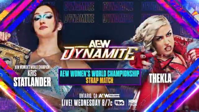 #AEWDynamite LIVE, 8/7c, TBS + HBO Max This Wednesday, 2/11! AEW Women's World Title Strap Match @CallMeKrisStat vs @Toxic_Thekla After Thekla whipped Stat with a belt, "Straplander" made her choice for a stipulation! Stat vs Thekla STRAP MATCH for the Title, THIS WEDNESDAY!