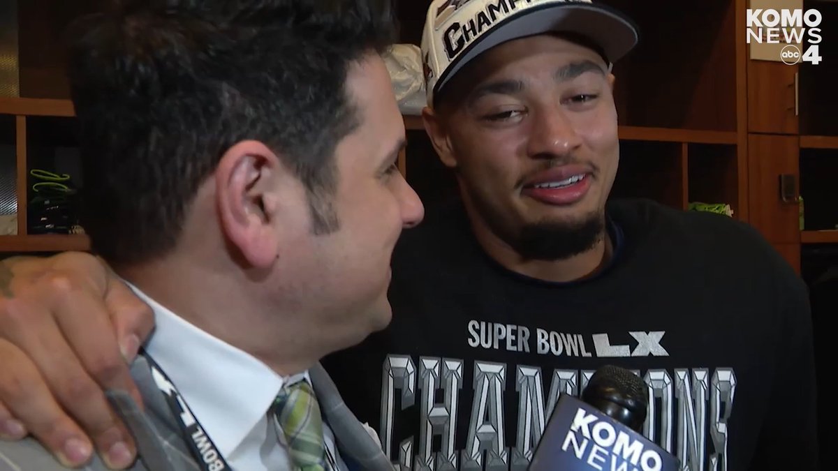 KOMO Sports Director Niko Tamurian does a post-game interview with Seahawks wide receiver Jaxon Smith-Njigba in Santa Clara Sunday night from the locker room after the Seahawks beat the Patriots for their second ever Super Bowl win!