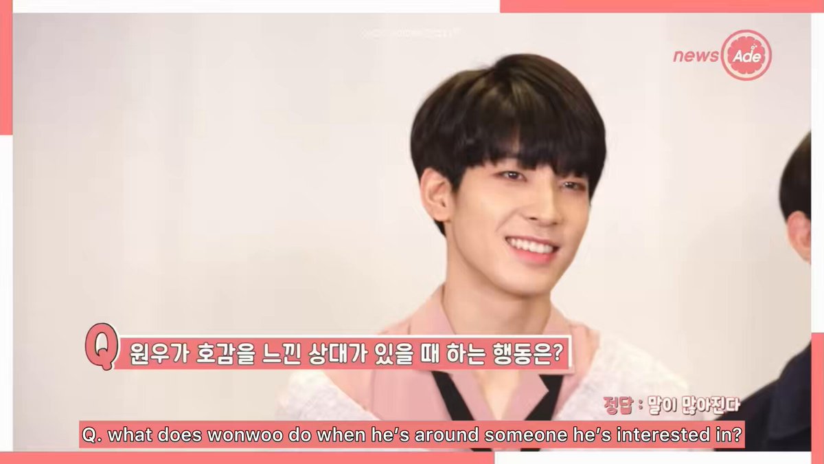 180209 newsade #WONWOO #원우 💬 what does wonwoo do when he’s around someone he’s interested in? 😇 he winks at them! ⚔️ he buys them kimchi fried rice? 🐱 he pokes their sides? 🐶 he gets very shy! 🦌 he hugs them! 🐸 tries to look good in front of them? 🦦 isn’t wonwoo hyung’s image sort of like a tsundere? 🐻‍❄️ he plays games! 🍒 he smiles! 👤 the correct answer is he gets talkative 🦦 so that’s why you’re so talkative with me hyung? 😇 wonwoo’s like that with me too~ 🍊 he’s seriously so noisy!
