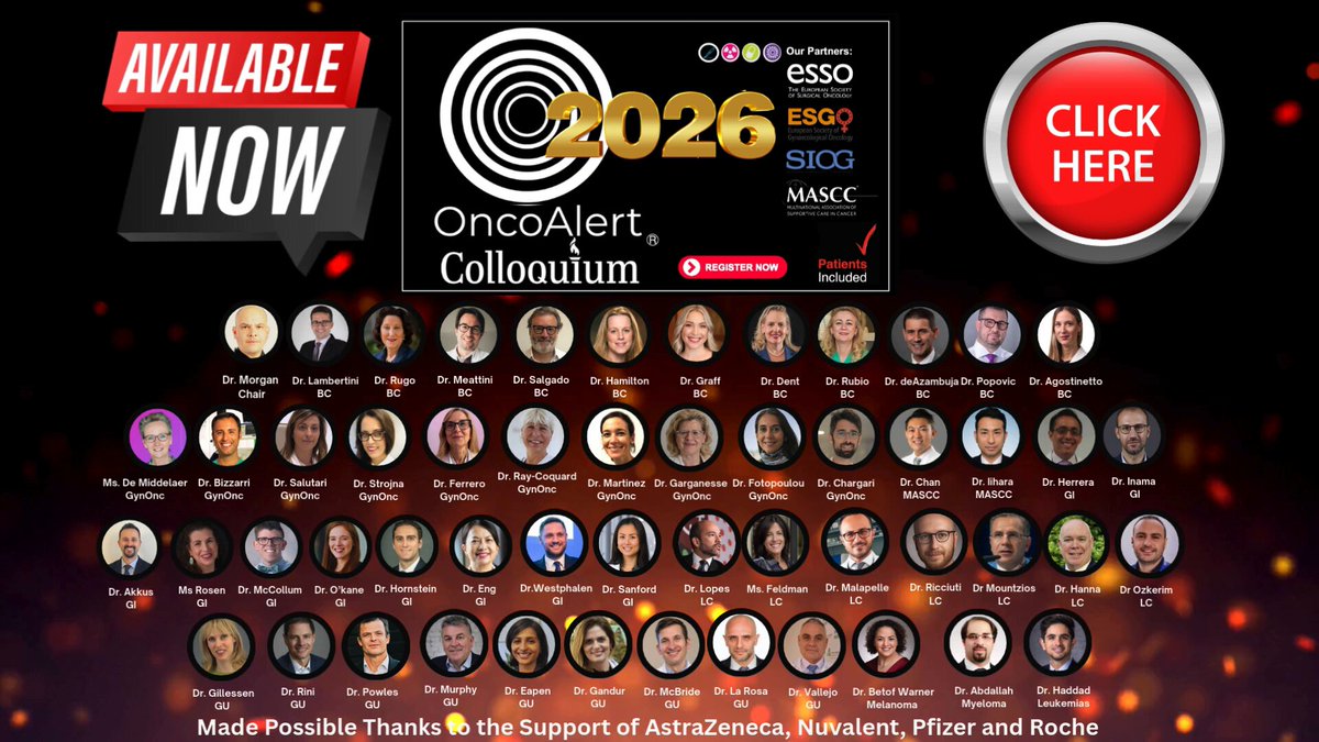 AVAILABLE NOW, FREE & ON DEMAND‼️ The 6th Annual🚨 #OncoAlertColloquium REGISTER TO WATCH👉 THE YEAR IN REVIEW IN ONCOLOGY As ALWAYS ✅Patients Included #BreastCancer Hope Rugo🇺🇸 Matteo Lambertini, MD PhD🇮🇹 Icro Meattini🇮🇹 Dr. Roberto Salgado 🇧🇪 Evandro de Azambuja, MD, PhD 🇧🇪 Erika Hamilton, MD, FASCO 🇺🇸 Stephanie Graff, MD, FACP, FASCO 🇺🇸 IR🇪🇸 Elisa Agostinetto 🇧🇪 Rebecca Dent 🇸🇬 Lazar Popovic 🇷🇸 #LungCancer gilberto lopes🇺🇸 Jill Feldman 🇺🇸 Umberto Malapelle 🇮🇹 Biagio Ricciuti, MD, PhD 🇺🇸 Uğur Özkerim 🇹🇷 Oriol Mirallas MD🇺🇸 GU Oncology Brian Rini, MD 🇺🇸 Declan Murphy 🇦🇺 Kidney Cancer🇺🇸 Salvatore La Rosa silke gillessen🇨🇭 Renu Eapen🇦🇺 Dra. María Natalia Gandur Quiroga 🇦🇷 Sean McBride 🇺🇸 Jorge Vallejo 🇪🇸GUARD Consortium GI Oncology Ben Westphalen 🇩🇪 Grainne O'Kane 🇮🇪 Nicholas Hornstein🇺🇸 Dr. Nina Niu Sanford 🇺🇸 Allison Rosen, MS 🇺🇸 Erman Akkus 🇹🇷 Dr Joseph McCollom DO 🇺🇸 Dr. John Herrera Kok🇪🇸 ESSO Dr. Marco Inama🇮🇹ESSO GynOnc Nicolò Bizzarri 🇮🇹 Vanda Salutari 🇮🇹 Aleksandra Strojna 🇩🇪 Alejandra Martinez 🇫🇷 Ray-Coquard Isabelle 🇫🇷 Christina Fotopoulou 🇬🇧 Giorgia Garganesse 🇮🇹 Chargari Cyrus 🇫🇷 Melanoma Allison Betof, MD, PhD, FASCO 🇺🇸 Our Partners: ESGO European Society of Surgical Oncology (ESSO) MASCC International Society of Geriatric Oncology (SIOG) Our Collaborators APCCC, GU CAST, GUARD Consortium, Uromigos, KCA and more #OncoAlertAF Jose Fernando Moura, PhD Elisabetta Bonzano MD, PhD Gaia Griguolo Kristina Jankovic, MD Mario Balsa Dr Rishabh Jain Sergio Cifuentes Gretchen Vaughan