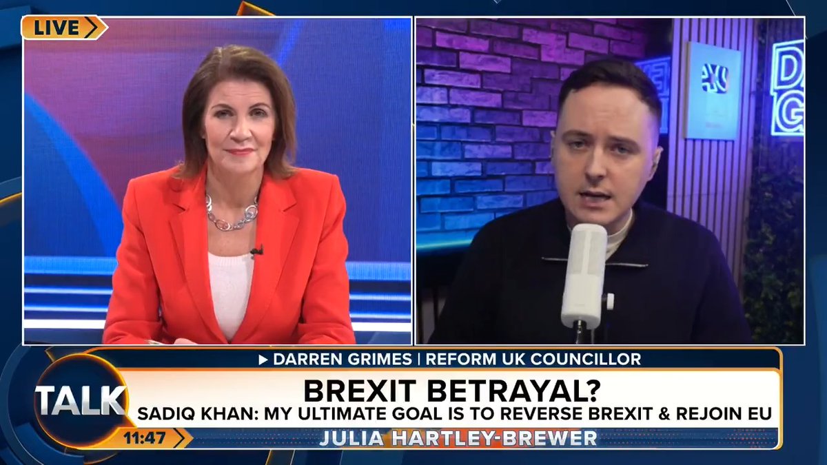 🚨Sadiq Khan: My ultimate goal is to reverse Brexit. Darren Grimes: "While Londoners are being stabbed on the streets and being fleeced by ULEZ, if he's busy daydreaming about Brexit, he'll find Reform UK does incredibly well in London." Julia Hartley-Brewer | Darren Grimes