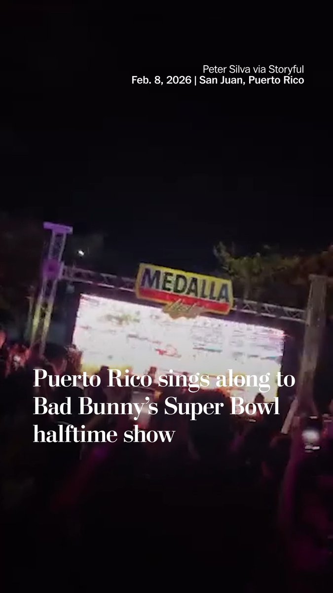 Watch parties in San Juan, Puerto Rico erupted in cheers, song and dance as Bad Bunny performed at Sunday's Super Bowl halftime show. The superstar incorporated elements of Puerto Rican culture into his performance and marched in front of a Jumbotron message of “THE ONLY THING MORE POWERFUL THAN HATE IS LOVE.”