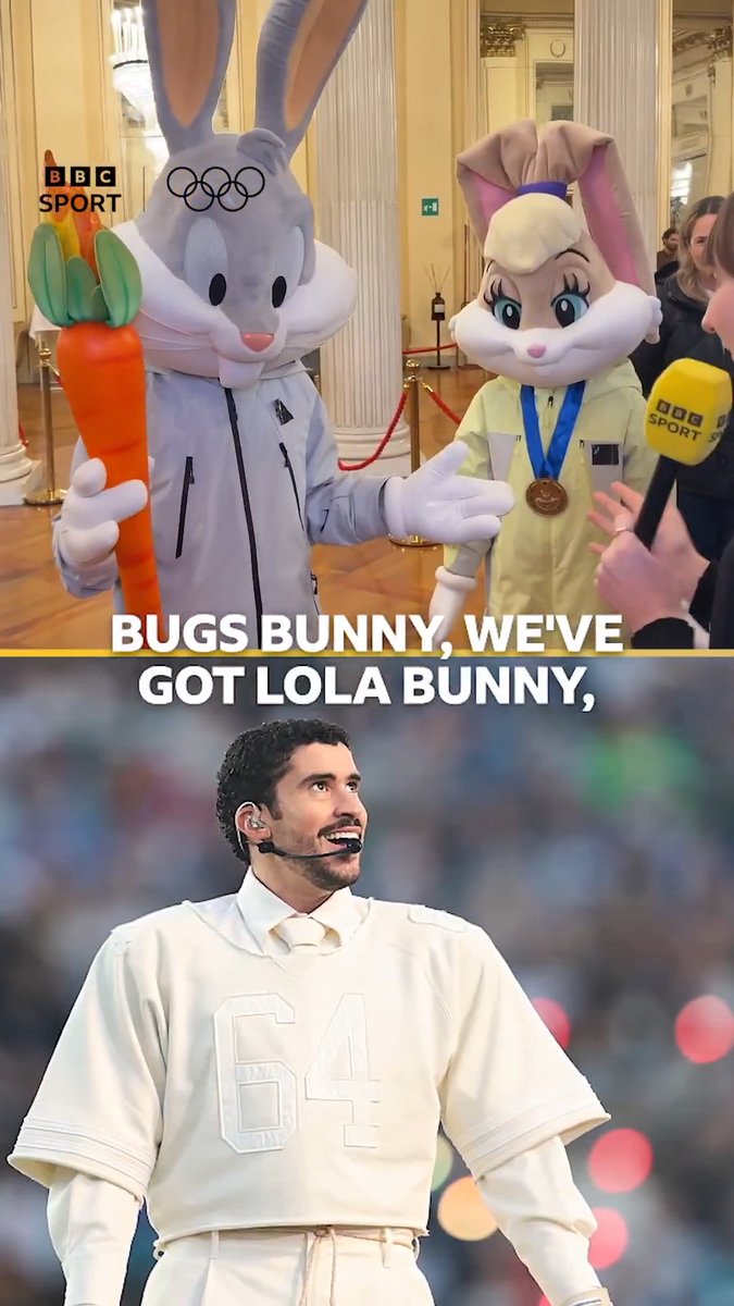 Bunny recognise Bunny 🤝 🤩⏪ We caught these two ahead of the Winter Olympics opening ceremony. They were hopping with excitement about Bad Bunny’s Super Bowl half time show 🏉