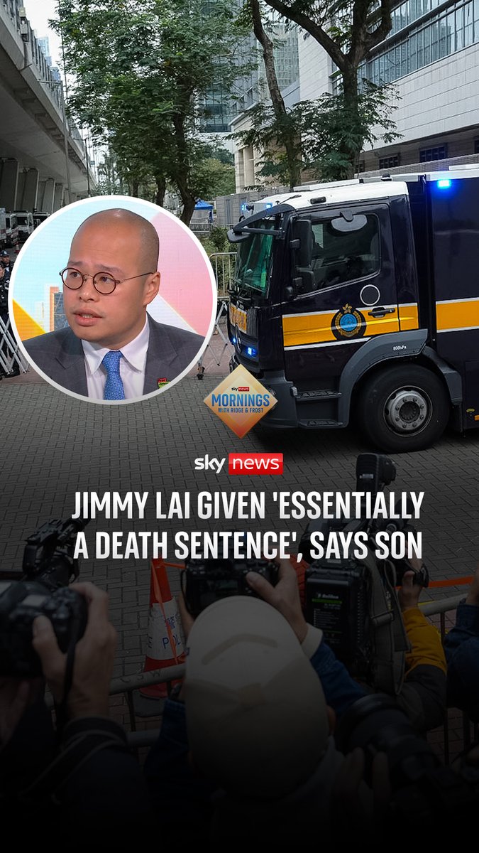 A 20-year jail term handed down by a Hong Kong court to pro-democracy campaigner Jimmy Lai is "essentially" a "death sentence", says his son Sebastien in an interview on Sky's Ridge & Frost. Full story 🔗