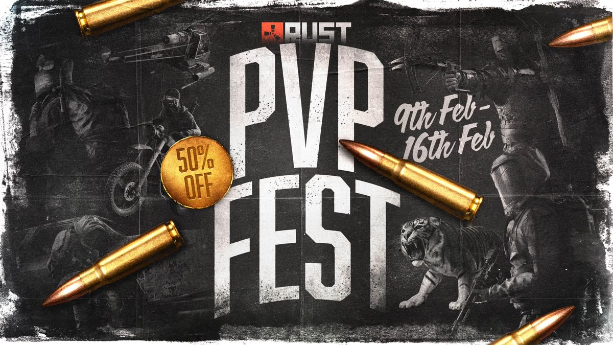 Steam's PvP Fest is now live! To celebrate, Rust is now 50% off until 16th Feb! 🔫☢️🏹 Don't miss out! Grab a copy from Steam or gift it to a friend!
