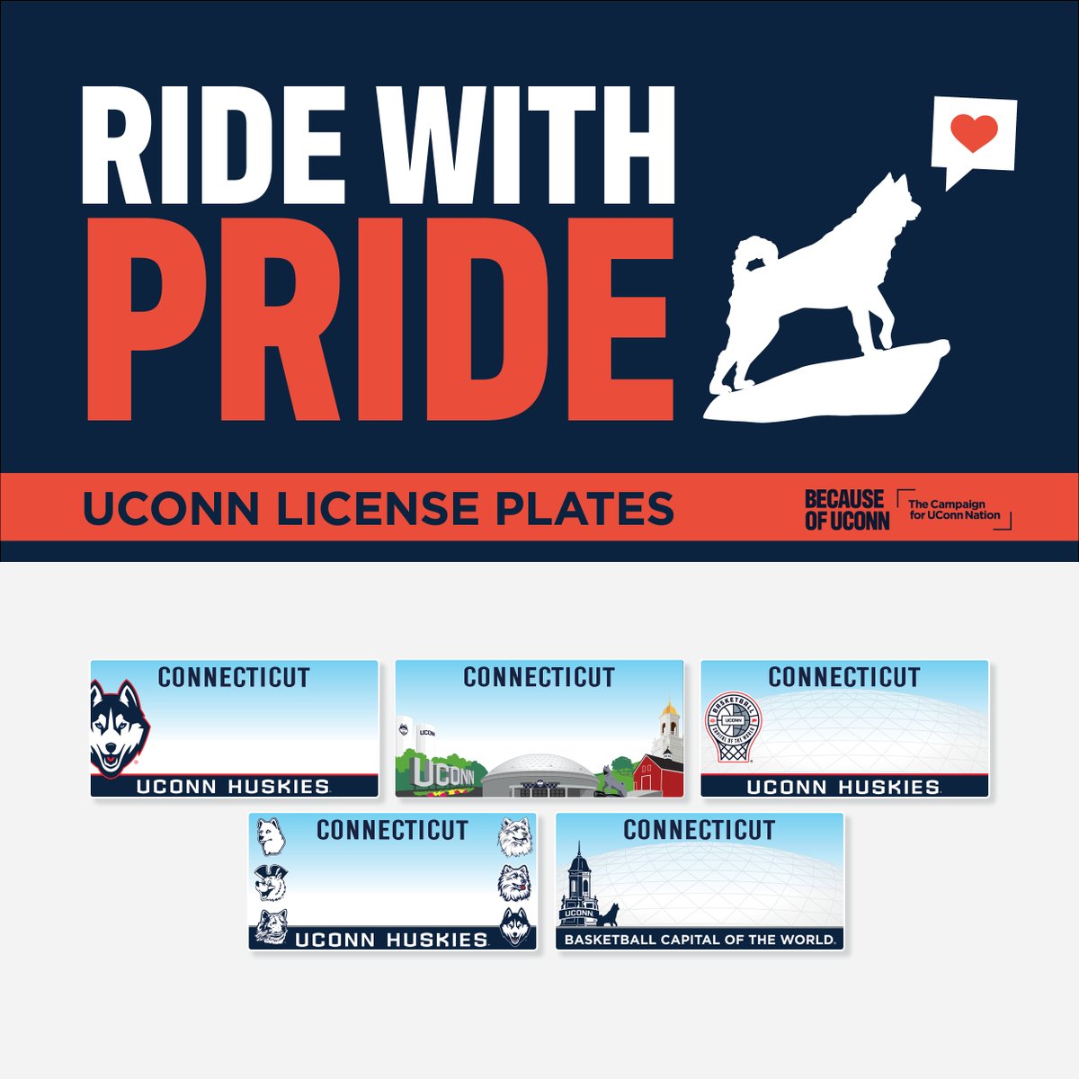 The UConn Huskies License Plate Program has been refreshed with four new designs—all available exclusively through the State of Connecticut. Now you can Show the Love for UConn wherever you go! Explore the new designs and secure your plate at