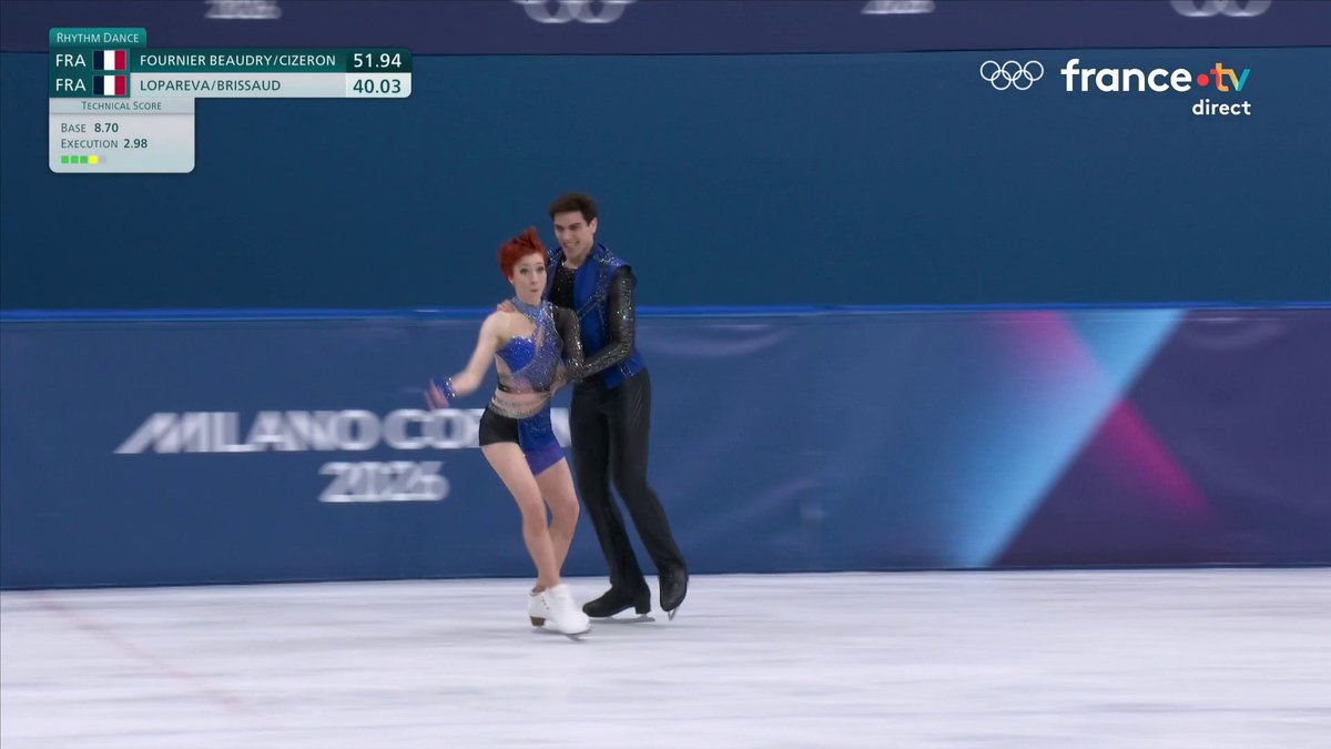 #MilanoCortina : c'est au tour du second couple de patineurs français, Evgeniia Lopareva et Geoffrey Brissaud, de se lancer sur la glace ! Et sur du Eiffel 65 et du DaftPunk. Ils se classent provisoirement cinquièmes.