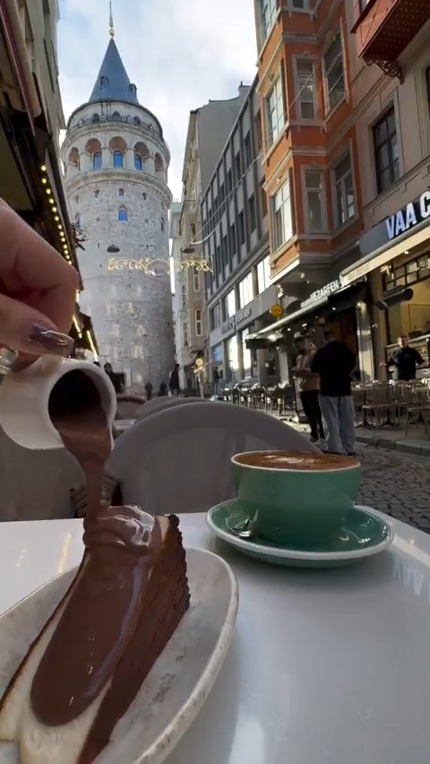 Cappuccino and San Sebastian cheesecake for breakfast overlooking the Galata Tower in Istanbul. Good morning ☕