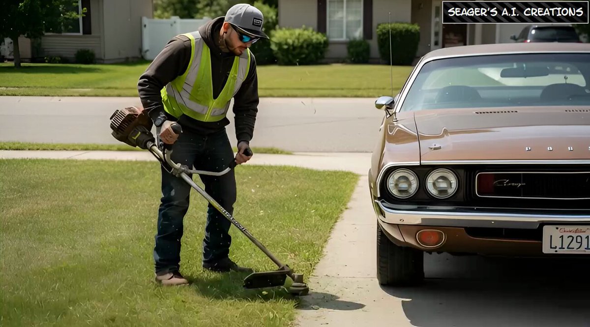 A careless landscaper scratched the homeowner's 73' Challenger with the weedwhacker. He was given a choice: get report and probably fired, or "5 minutes" of foot tickling. Guess which one he chose. He may regret that decision soon...🦺🪶👣